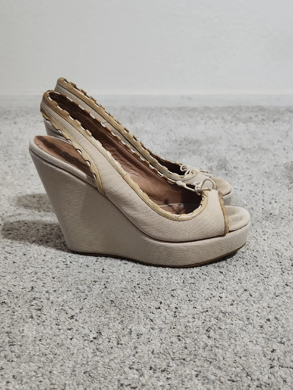 ALAIA CANVAS WOVEN WEDGE CREAM/BROWN SIZE 37/US 6.5